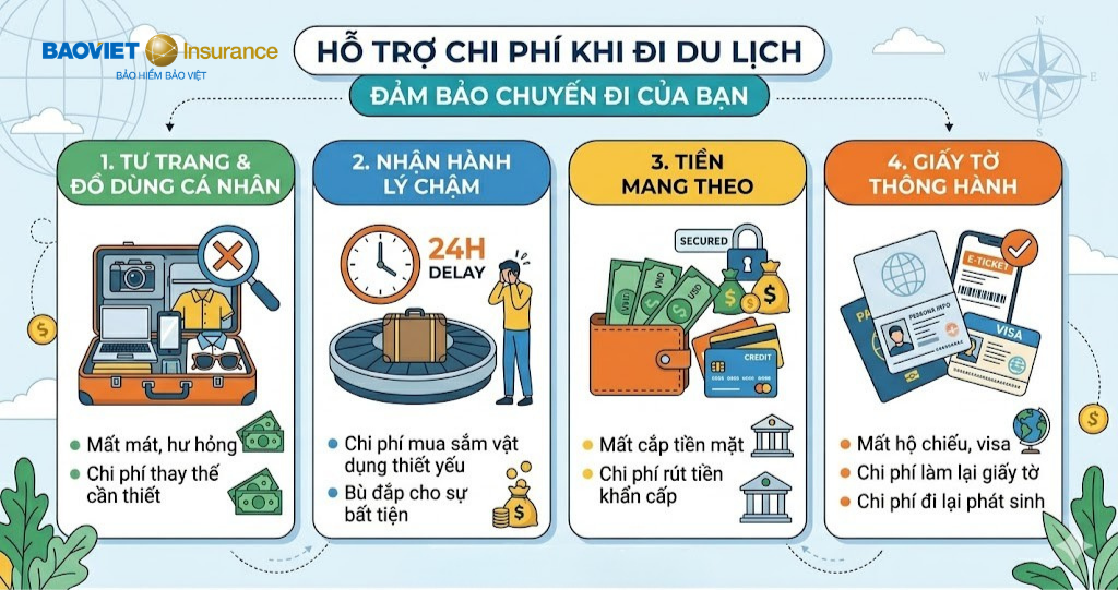 Đối với Tư trang và đồ dùng cá nhân, Nhận hành lý chậm; Tiền mang theo và Giấy tờ thông hành